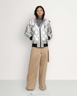 Women Moose Knuckles Flightweight Metallic Bankhead Bomber Bomber Jackets Silver | XI3704861