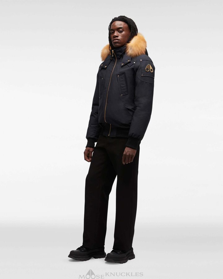 Men Moose Knuckles Gold Ballistic Bomber Fur Bomber Jackets Navy / Gold Fox Fur | ZD6418732