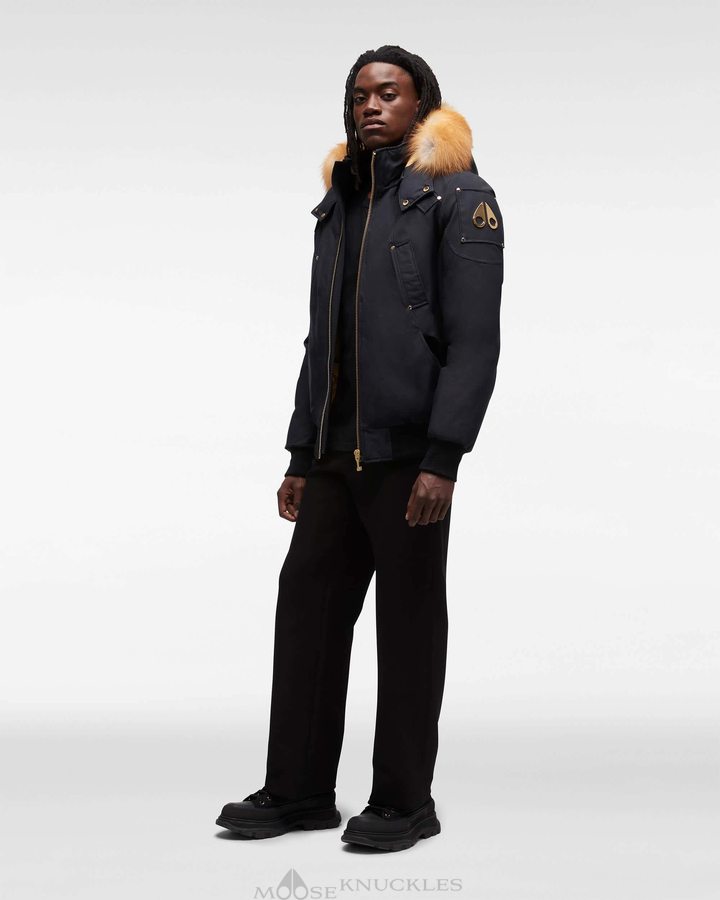 Men Moose Knuckles Gold Ballistic Bomber Fur Bomber Jackets Navy / Gold Fox Fur | ZD6418732