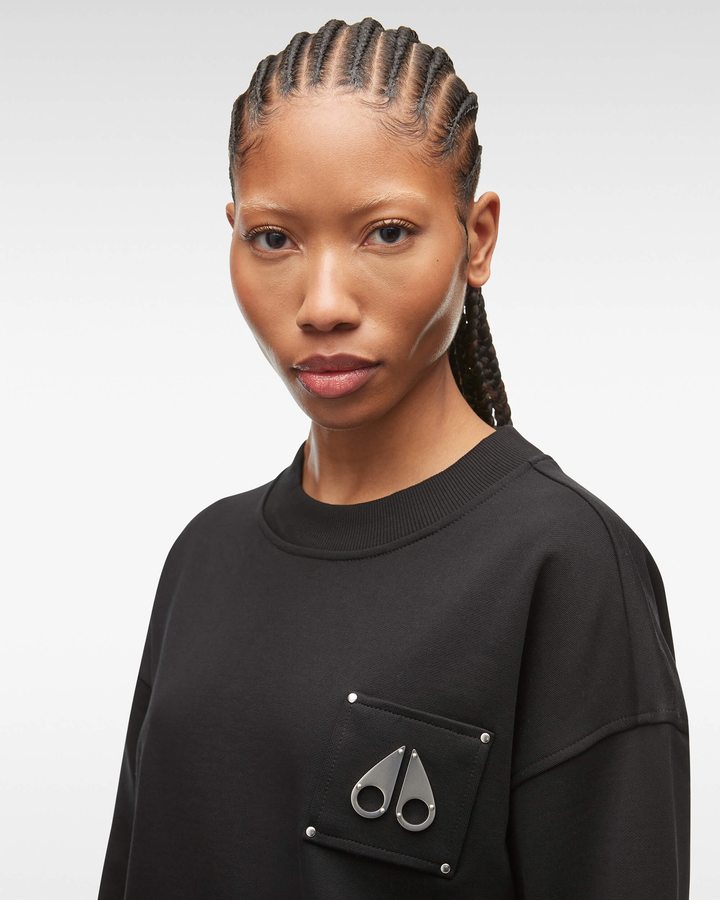 Women Moose Knuckles Brooklyn Crew Neck Sweatshirts Black | QZ1074853