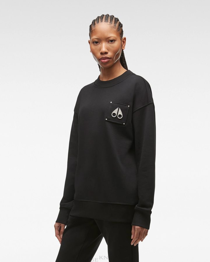 Women Moose Knuckles Brooklyn Crew Neck Sweatshirts Black | QZ1074853