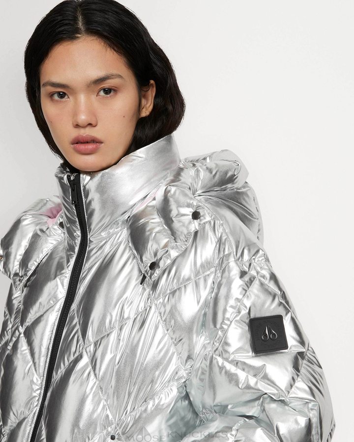 Women Moose Knuckles Flightweight Metallic Bankhead Bomber Bomber Jackets Silver | XI3704861