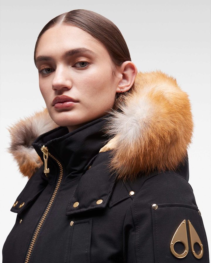 Women Moose Knuckles Gold Debbie Bomber Fur Bomber Jackets Black / Gold Fox Fur | JA2097318