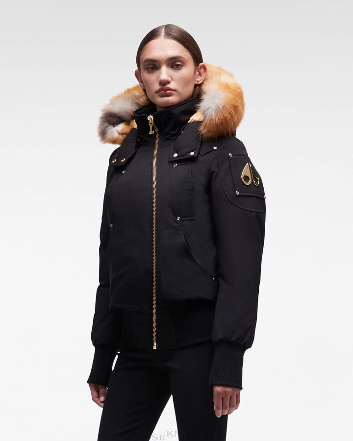 Women Moose Knuckles Gold Debbie Bomber Fur Bomber Jackets Black / Gold Fox Fur | JA2097318