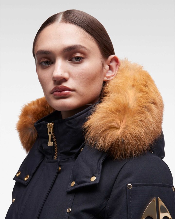 Women Moose Knuckles Gold Stirling Parka Fur Parkas Navy / Gold Fox Fur | US1237980